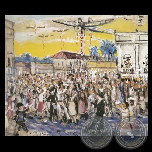 SILVIO PETTIROSSI AL LLEGAR TRIUNFANTE DEL EXTRANJERO, Año 1974 - Óleo de IGNACIO NÚÑEZ SOLER 